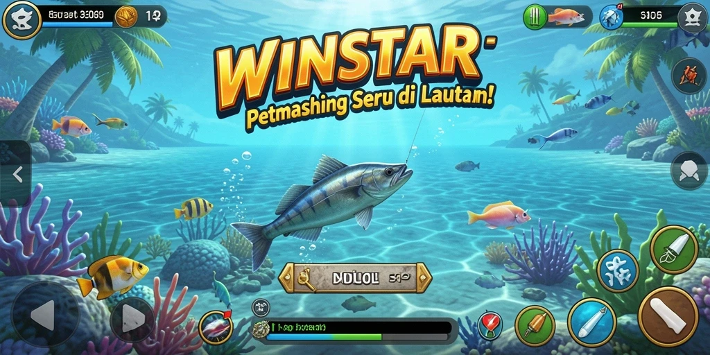 Screenshot gameplay WINSTAR menampilkan aksi memancing yang seru.